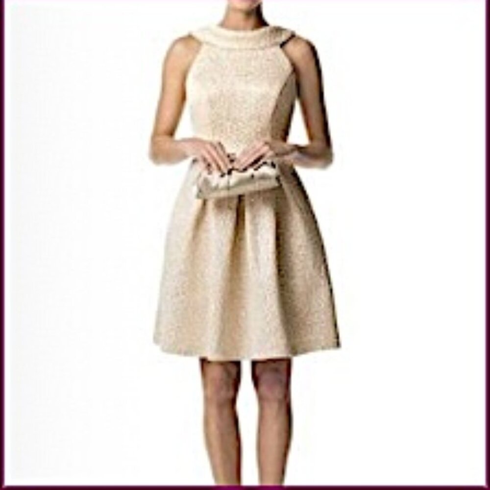 David's Bridal Cream Gold brocade short sleeveless formal Sz 6 with purse